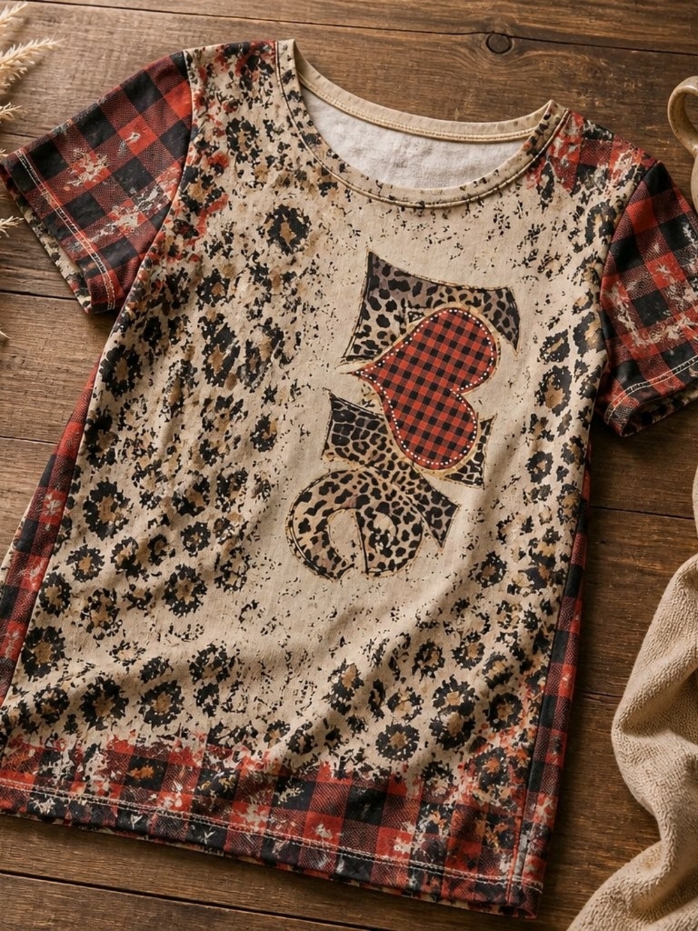Girls Beige Leopard & Red Plaid 'Love' Short Sleeve Tee